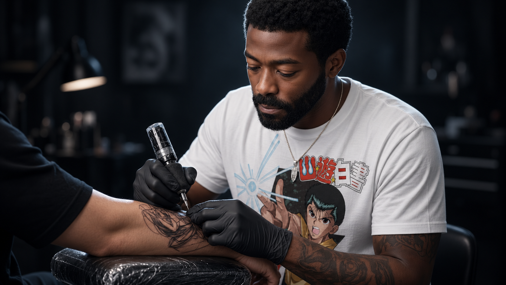 AI-assisted portrait of Yak Jr tattooing, wearing an anime graphic shirt