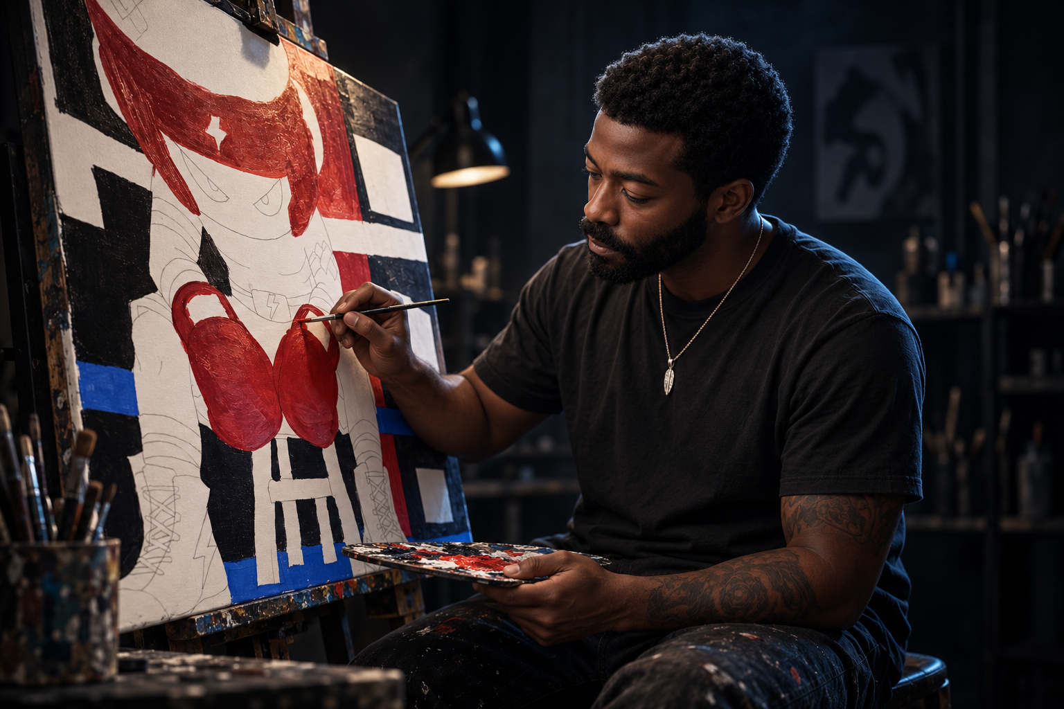 AI campaign portrait of Yak painting, based on his supplied portrait and red boxing-character canvas